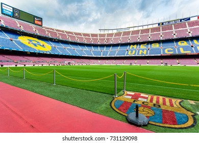 BARCELONA, SPAIN - SEPTEMBER 24, 2017: Camp Nou Empty Soccer Stadium Of Barcelona F.C., The World Famous Team Of All Times. Nobody Sitting In The Chairs Of The Stadium Of Culè Team, Barcelona, Spain.