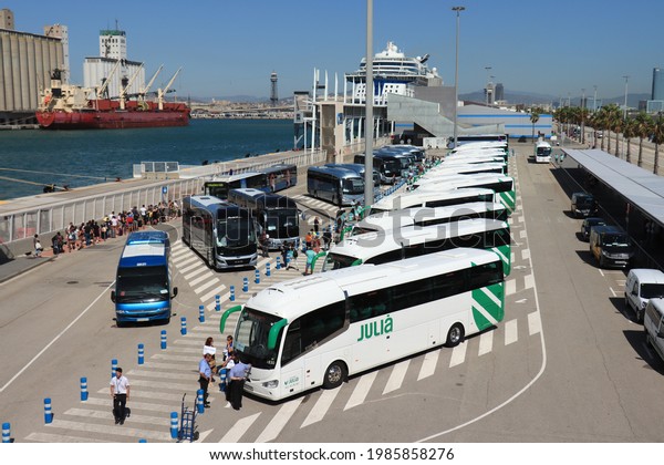 Barcelona, Spain - september 24th, 2019:\
Touring cars near the Barcelona cruise terminal,picking up\
passengers going on shore\
excursions