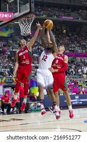 BARCELONA, SPAIN - SEPTEMBER 6: DeMarcus Cousins of USA Team (12) in action at FIBA World Cup basketball match between USA and Mexico, final score 86-63, on September 6, 2014, in Barcelona, Spain.