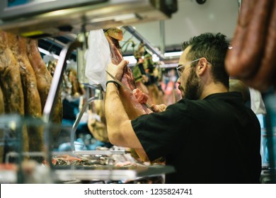 Barcelona / Spain September 8th 2017: Market La Boqueria! People, Food, Seafood, Fruits, Vegetables And Spices