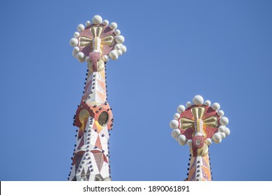 BARCELONA, SPAIN-NOVEMBER 23, 2019: Basilica De La Sagrada Familia, Pinnacles Of The Towers Of The Passion Facade, Close Up (copy Space)