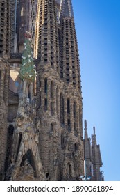 BARCELONA, SPAIN-NOVEMBER 23, 2019: Basilica De La Sagrada Familia, The Nativity Facade Details Close Up