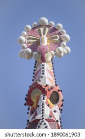 BARCELONA, SPAIN-NOVEMBER 23, 2019: Basilica De La Sagrada Familia, Pinnacle Of The Tower Of The Passion Facade, Close Up (copy Space)