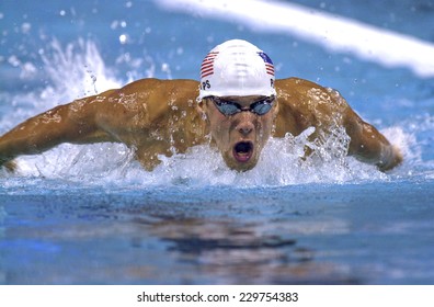 BARCELONA, SPAIN-SEPTEMBER 07, 1999: USA michael phelps competing during the 400 meters mixed final of the Swimming World Championship, in Barcelona.