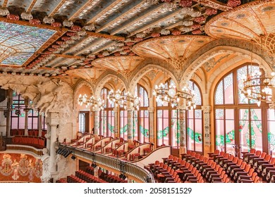 Barcelona, Spain-September 27, 2021: Palau de la Música Catalana. The mission the Foundation is to promote music, particularly choir singing, knowledge and dissemination of cultural heritage and opera