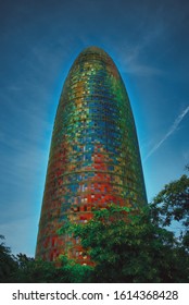 BARCELONA, SPAIN-SEPTEMBER, 9.2019: Modern Architecture, Night Lighting View, Torre Glòries, By Jean Nouvel.