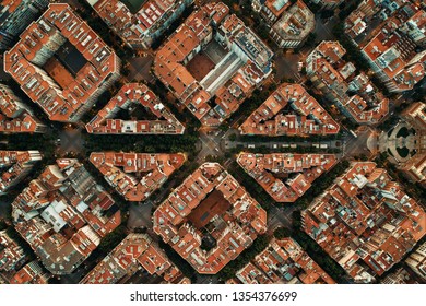 Barcelona street aerial view with beautiful patterns in Spain.