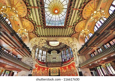  BARCELONA-JUNE 1: The Palau de la Musica Catalana  is a concert hall in Barcelona, built between 1905 and 1908 by the architect LluÂ­s Domenech i Montaner,  on June 1, 2012. Barcelona