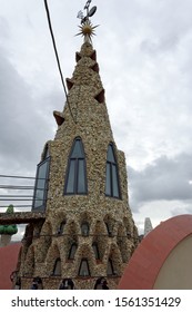 Barcelona,Spain-October,23.2019: The Mosaic Chimneys Made Of Broken Ceramic Tiles On Roof Of Palau Güell , One Of The Earlest Gaudi's Masterpieces