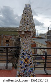 Barcelona,Spain-October,23.2019: The Mosaic Chimneys Made Of Broken Ceramic Tiles On Roof Of Palau Güell , One Of The Earlest Gaudi's Masterpieces