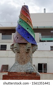 Barcelona,Spain-October,23.2019: The Mosaic Chimneys Made Of Broken Ceramic Tiles On Roof Of Palau Güell , One Of The Earlest Gaudi's Masterpieces