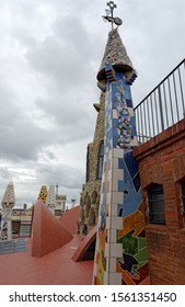 Barcelona,Spain-October,23.2019: The Mosaic Chimneys Made Of Broken Ceramic Tiles On Roof Of Palau Güell , One Of The Earlest Gaudi's Masterpieces