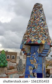 Barcelona,Spain-October,23.2019: The Mosaic Chimneys Made Of Broken Ceramic Tiles On Roof Of Palau Güell , One Of The Earlest Gaudi's Masterpieces