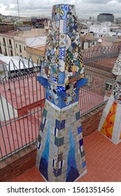 Barcelona,Spain-October,23.2019: The Mosaic Chimneys Made Of Broken Ceramic Tiles On Roof Of Palau Güell , One Of The Earlest Gaudi's Masterpieces