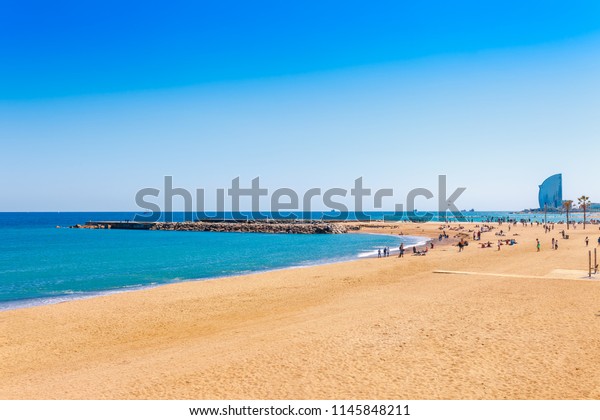 Barceloneta Beach Barcelona Nice Sand Beach Stock Photo