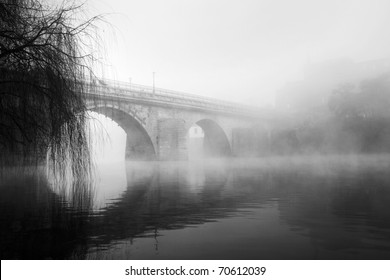 Barcelos historical part on a foggy morning (HDR black and white photo)
