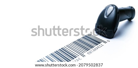 Barcode concept. Retail label barcode scan. Reader laser scanner for warehouse isolated on white background. Warehouse inventory management