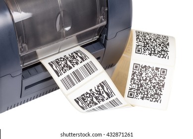 Barcode label printer. Studio shot. Dummy barcode contains text "Barcode".