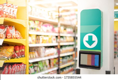 The Barcode Price Scanner On The Wall In A Supermarket For Self Service Check Price And Information, The New Technology For Independently Checks The Value Of The Goods.