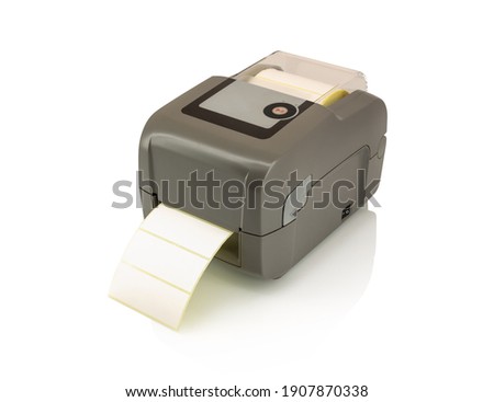Barcode printer for labels isolated on white background with shadow reflection, clipping, vector path. Printer for direct thermal or thermal transfer printing.