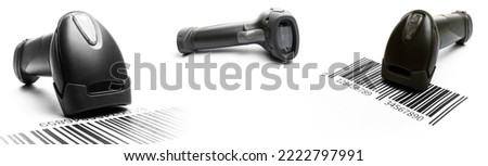 Barcode reader set. Retail label barcode scan. Reader laser scanner for warehouse isolated on white background. Inventory product business technology