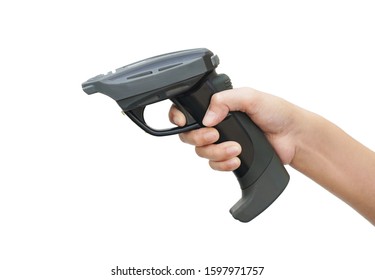 Barcode Scanner In A Woman's Hand, Isolated On A White Background
