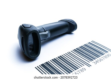 Barcode scanning. Reader laser scanner for warehouse. Retail label barcode scan isolated on white background. Warehouse inventory management