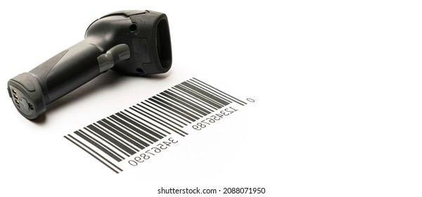 Barcode scanning. Reader laser scanner for warehouse. Retail label barcode scan isolated on white background. Warehouse inventory management