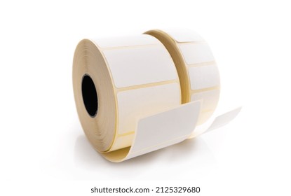 Barcode Sticker Roll Isolated On White Background. Blank Adhesive Empty Labels On Bobbin. Paper Tags For Marking And Identification