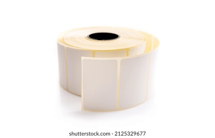 Barcode Sticker Roll For Product Price And Promo Isolated On White Background. Blank Adhesive Empty Labels On Bobbin. Paper Tags For Identification