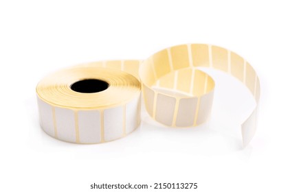 Barcode Sticker Roll For Product Price And Promo Isolated On White Background. Blank Adhesive Empty Labels On Bobbin. Paper Tags For Identification