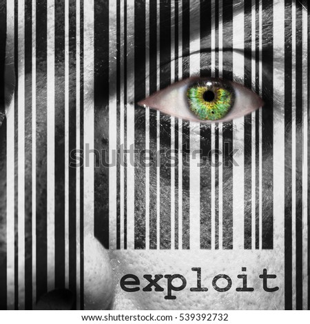 Barcode with the word exploit as concept superimposed on a man's face