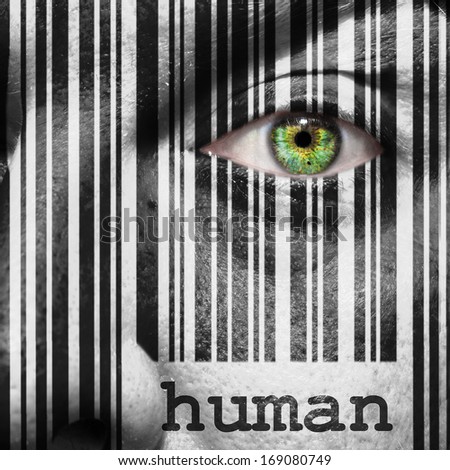 Barcode with the word human as concept superimposed on a man's face