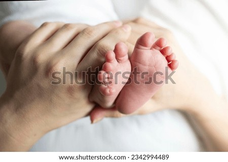 The bare feet of a newborn baby hold the hands of an adult. The baby's legs are in the hands of the mother. Day light. Indoor.