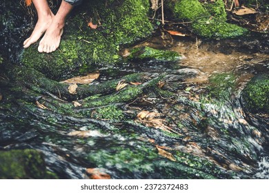 Bare feet on the roots that fall into the creek. - Powered by Shutterstock