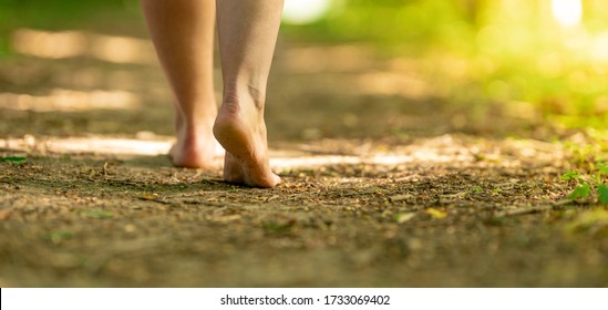 bare feet of a woman walking along a trail in the woods