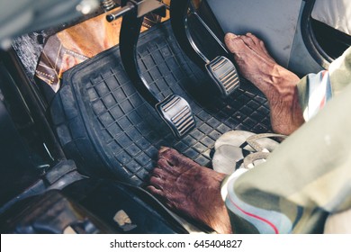 Bare Foot On Gas Pedal. Taxi Driver Driving Barefoot In Sri Lanka.