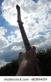 A Bare Forearm And Hand Holding A Staff And Pointing It Up Towards The Sun That Is Trying To Break Through The White Clouds In The Blue Summer Sky