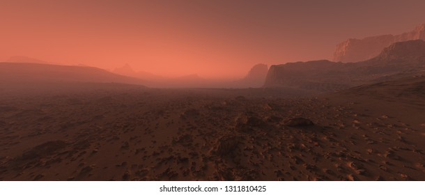 Bare Rough Rocky Mars Terrain In Fog.