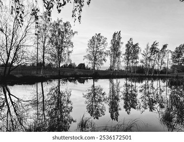 Bare trees reflect ominously on a silent pond, creating a haunting symmetry in grayscale - Powered by Shutterstock