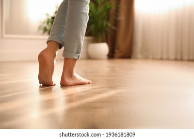 Barefoot Woman At Home, Closeup. Floor Heating System