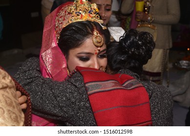 Bareilly, Uttar Pradesh January , 2019 : Bride Crying During The Vidai Ceremony. She Is Hugging Her Mother Before Leaving For In Laws House.