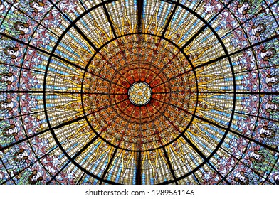 Barelona / Spain; 04/25/2015; Nadir View Of The Modernist Glass Dome Of The Palau De La Música Catalana, By Architect Lluís Domènech I Montaner.