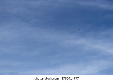 Barely seen drone hovering high on the blue sky. 