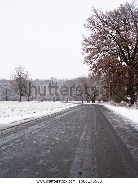 A\
barely traveled village road in winter, snowy\
landscape