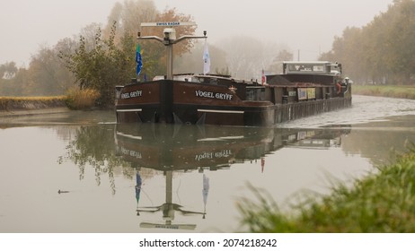 Barge In The Canal In Souffelweyersheim In France On 1st November 2021 