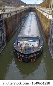 Barge in a lock of the Main Danube Canal near Kelheim, Bavaria, Germany