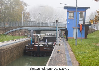 Barge In The Lock In Souffelweyersheim In France On 1st November 2021 