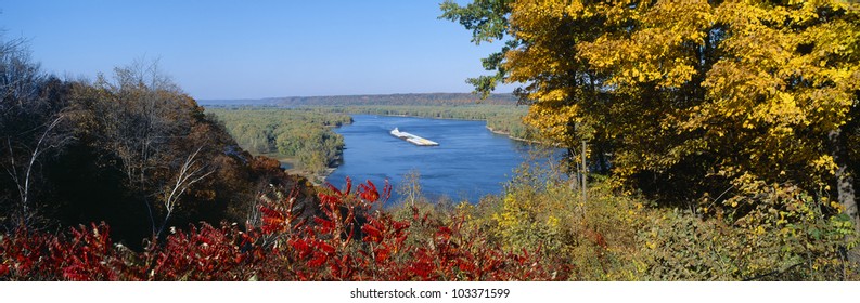 Barge On Mississippi River In Autumn, Great River Road, Iowa