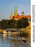 barges on the Vistula river, Wawel castle and hill, Krakow, Poland,  eastern europe